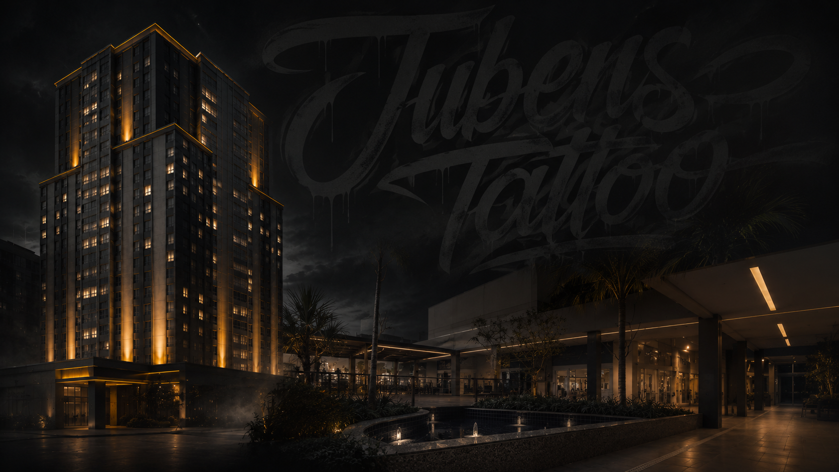 Fachada do prédio onde fica o Jubens Tattoo, à noite